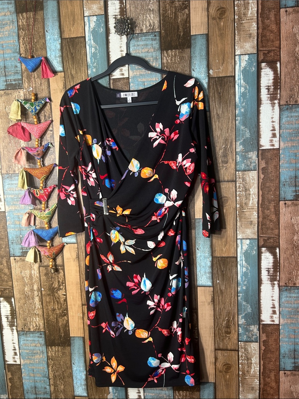 Jennifer Lopez Black Floral Faux-Wrap Long Sleeve Dress with Multicolor Blooms
